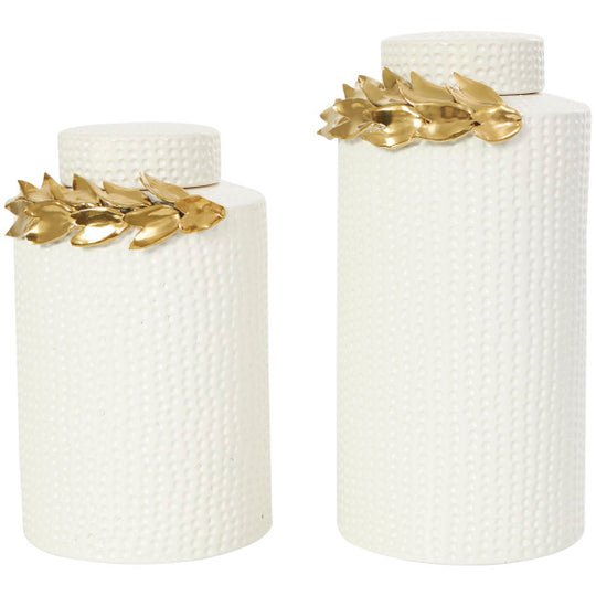 Spotted Ceramic Decorative Jar Set with Gold Leaf Accents