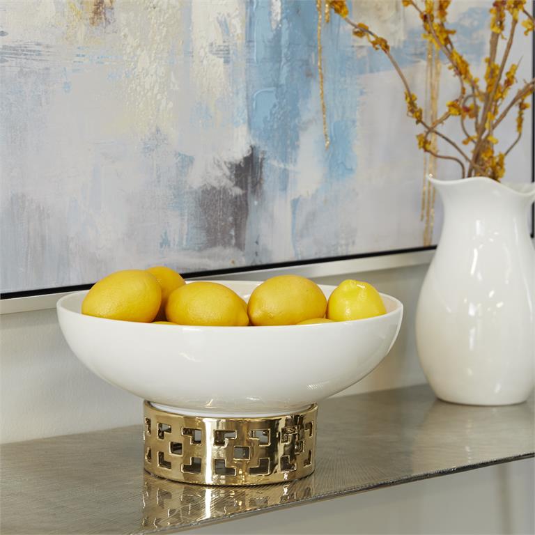 Wide Ceramic Geometric Decorative Bowl with Gold Base