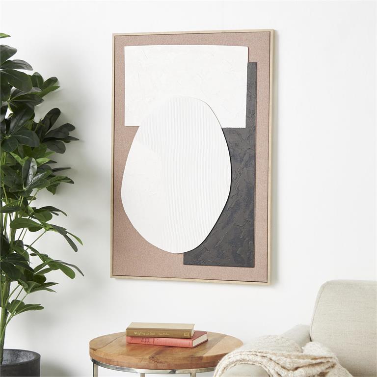 Textured Raised Shapes Abstract Wall Art with Light Brown Frame