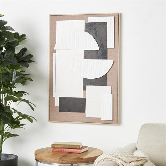 Textured Raised Shapes Abstract Wall Art with Light Brown Frame