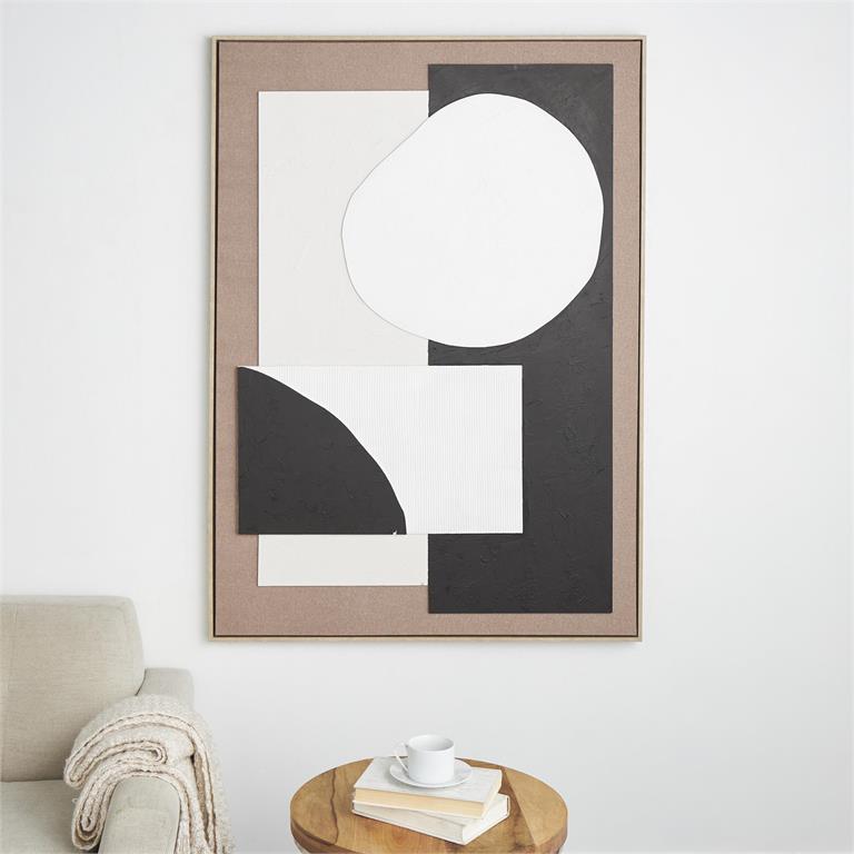 Large Textured Raised Shapes Abstract Wall Art with Light Brown Frame