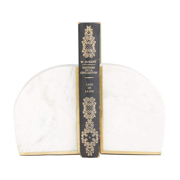 Half Oval Geometric Marble Bookends Set with Gold Inlay