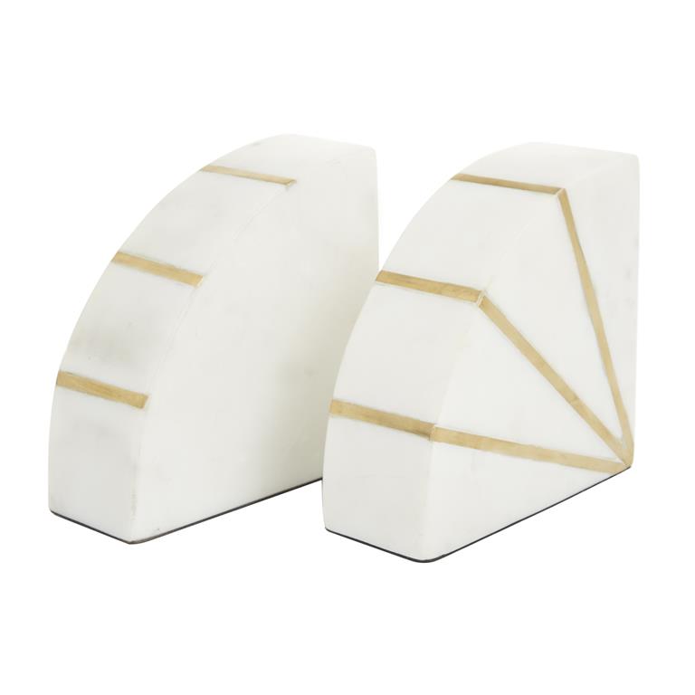 Quarter Moon Geometric Marble Bookends Set with Gold Inlay