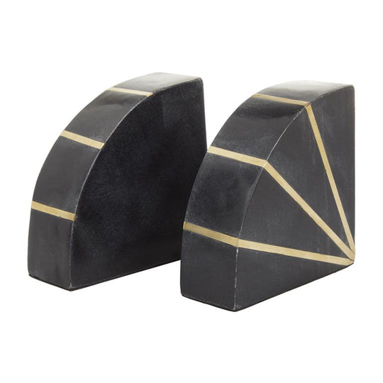 Quarter Moon Geometric Marble Bookends Set with Gold Inlay