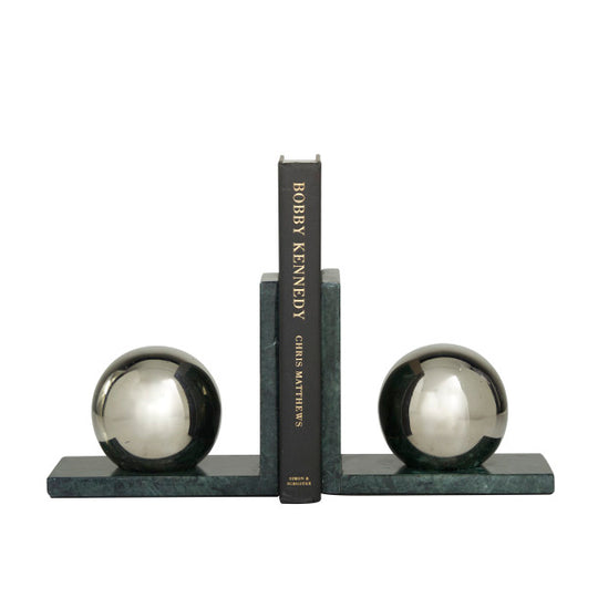 Marble Bookends with Metal Orbs Set