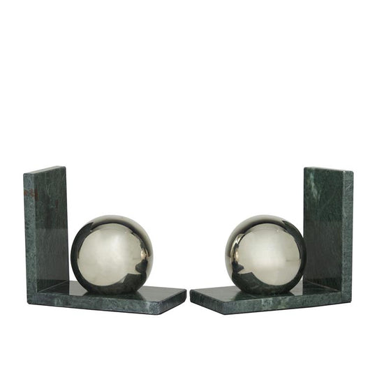 Marble Bookends with Metal Orbs Set