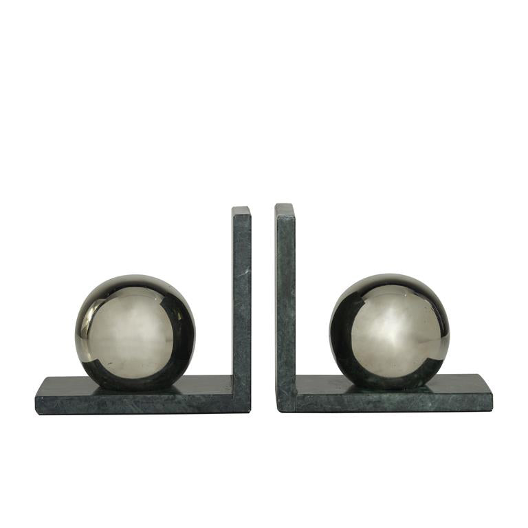 Marble Bookends with Metal Orbs Set